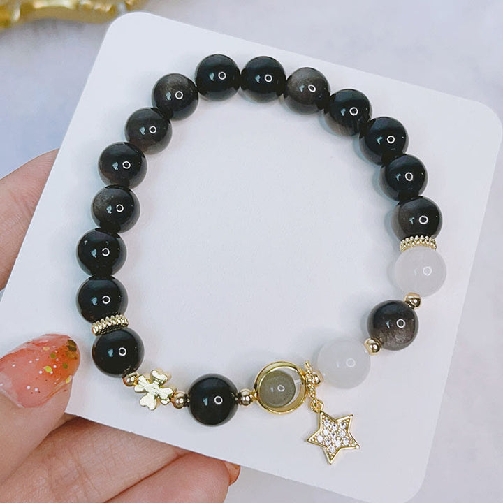Bracelet de protection en obsidienne naturelle argentée avec Buddha Stones , cœur, étoile, fleur