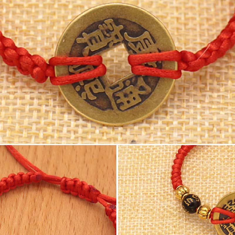 Bracelet tissé en fil rouge avec pièces de cuivre et Buddha Stones