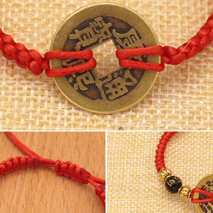 Bracelet tissé en fil rouge avec pièces de cuivre et Buddha Stones