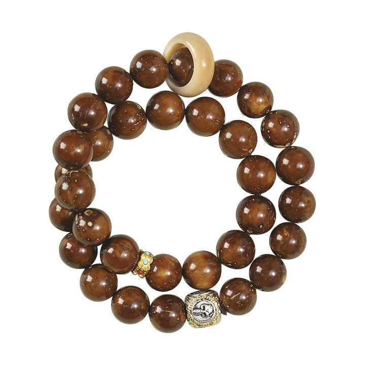 Bracelet double tour en Buddha Stones tibétaines naturelles violettes et dorées avec graines de Bodhi et de richesse