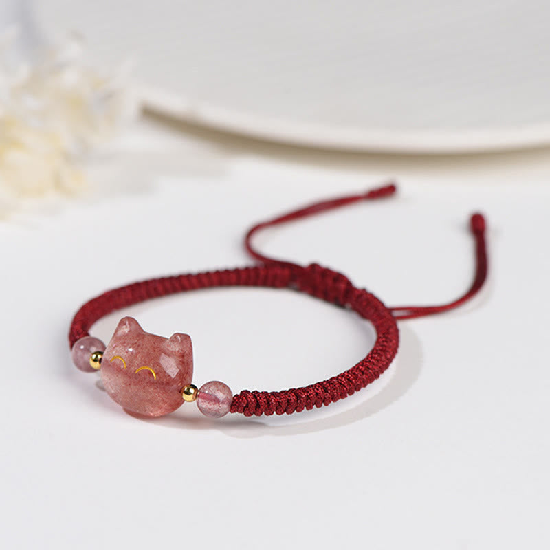 Bracelet tressé fait main en obsidienne naturelle argentée et brillante en quartz fraise avec protection pour chat mignon - image 11