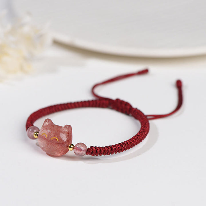 Bracelet tressé fait main en obsidienne naturelle argentée et brillante en quartz fraise avec protection pour chat mignon - image 11
