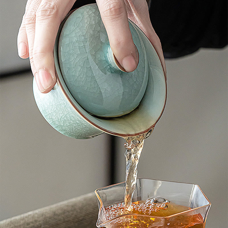 Tasse à thé et soucoupe en céramique avec couvercle en forme de Buddha Stones, style rétro, vert glacé, Gaiwan, Sancai