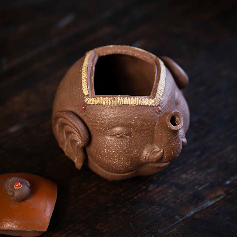Théière en céramique et argile violette avec Buddha Stones et éléphant mignon et nuages de bon augure