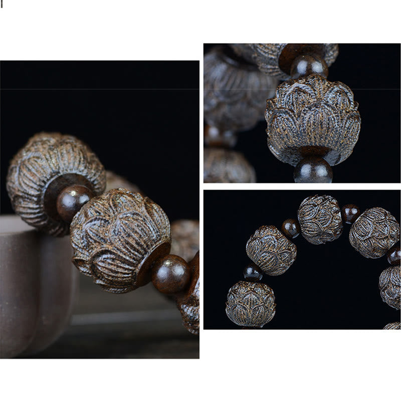 Bracelet d'équilibre gravé en bois d'ébène avec Buddha Stones et dragon de lotus des dix-huit arhats