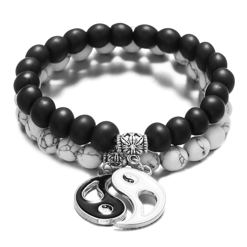 Bracelet couple Yin Yang en perles de turquoise blanche et onyx noir naturel 2 pièces Buddha Stones - image 0