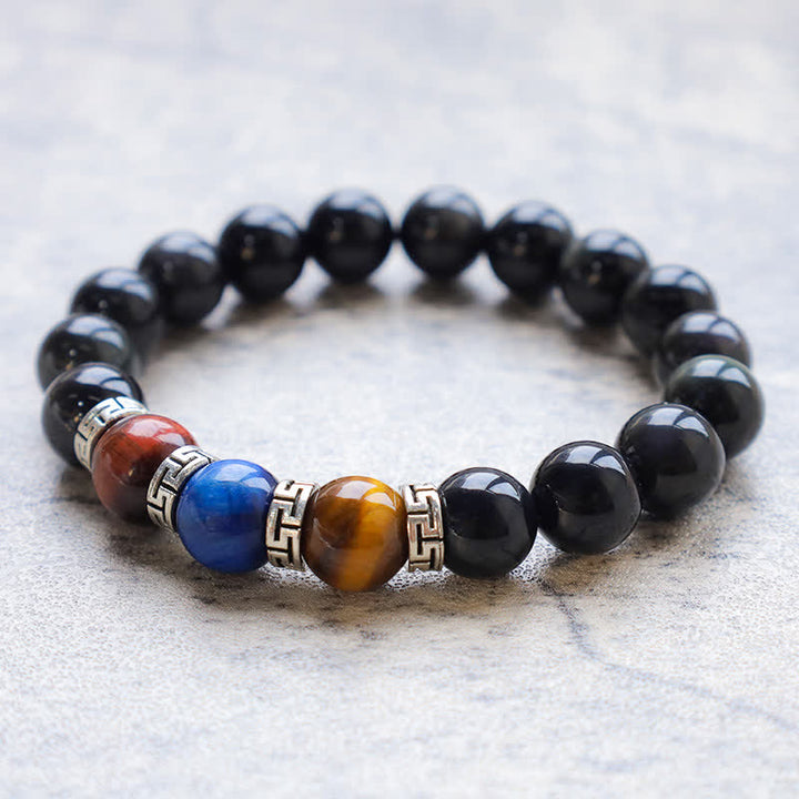 Bracelet de force en obsidienne noire naturelle et œil de tigre tricolore