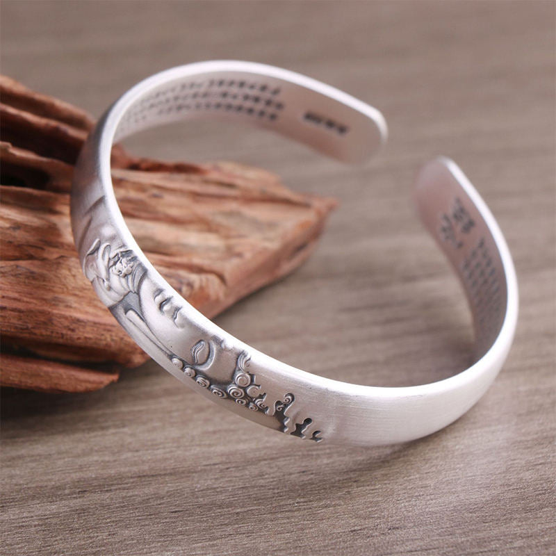 Bracelet Buddha Stones en argent sterling 999 avec tête de Bouddha et cœur Sutra de la sérénité