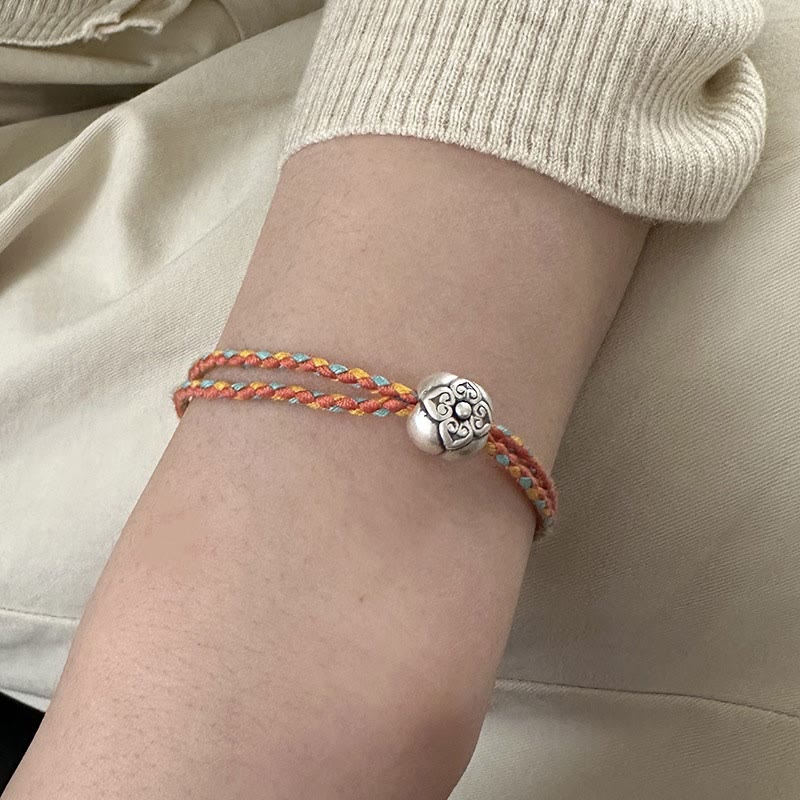 Bracelet tressé multicolore en argent sterling 999 avec pierre porte-bonheur Kaki de Buddha Stones