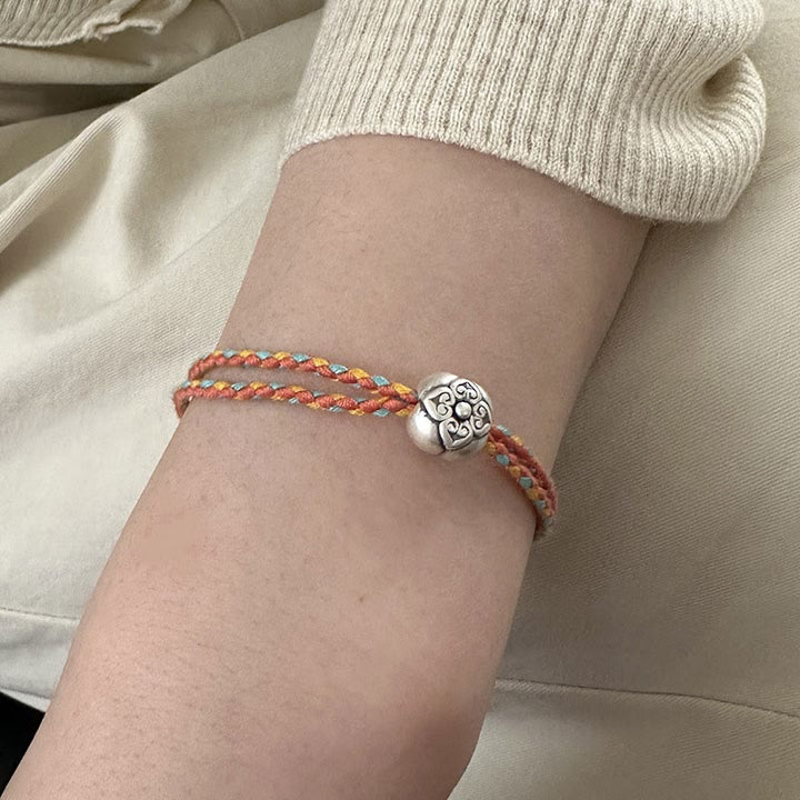 Bracelet tressé multicolore en argent sterling 999 avec pierre porte-bonheur Kaki de Buddha Stones