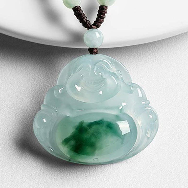 Collier pendentif porte-bonheur en jade cyan avec Buddha Stones
