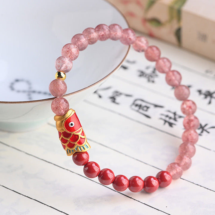 Bracelet de guérison porte-bonheur en quartz fraise et cinabre en Buddha Stones