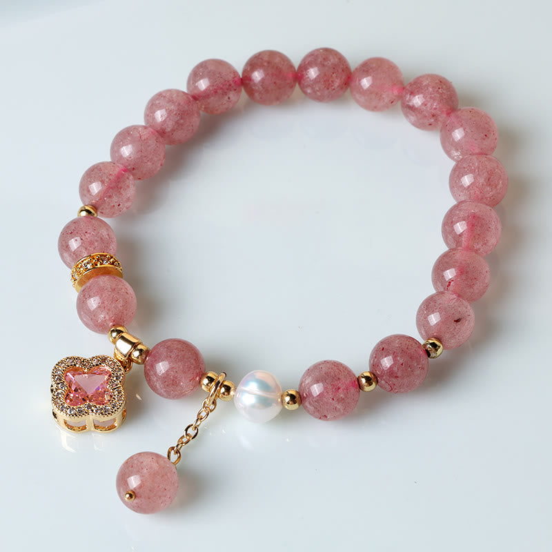 Bracelet de guérison à breloques en trèfle à quatre feuilles avec perles de quartz fraise et Buddha Stones