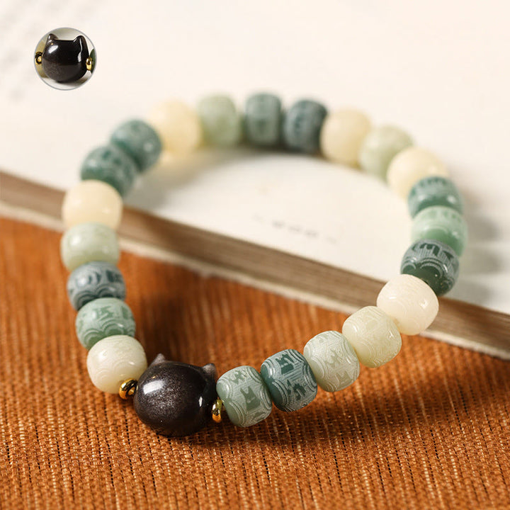 Bracelet d'harmonie gravé en obsidienne argentée Buddha Stones de Bodhi et pierres de Bouddha Tête de chat Om Mani Padme Hum - image 9