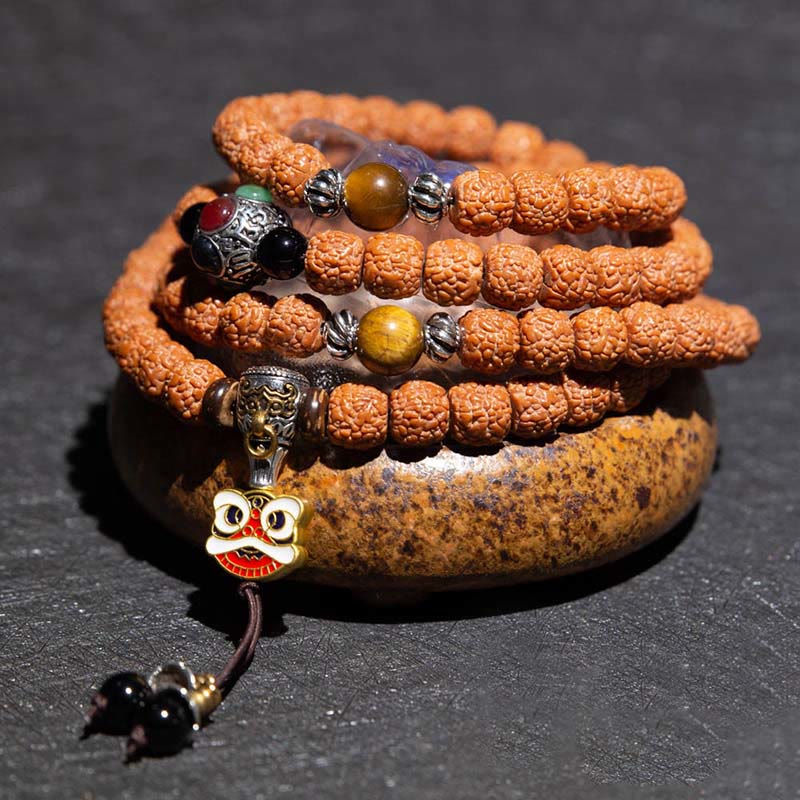 Bracelet tibétain en 108 perles de Mala Rudraksha Bodhi Seed Zodiac chinois Bouddha natal Richesse Charm