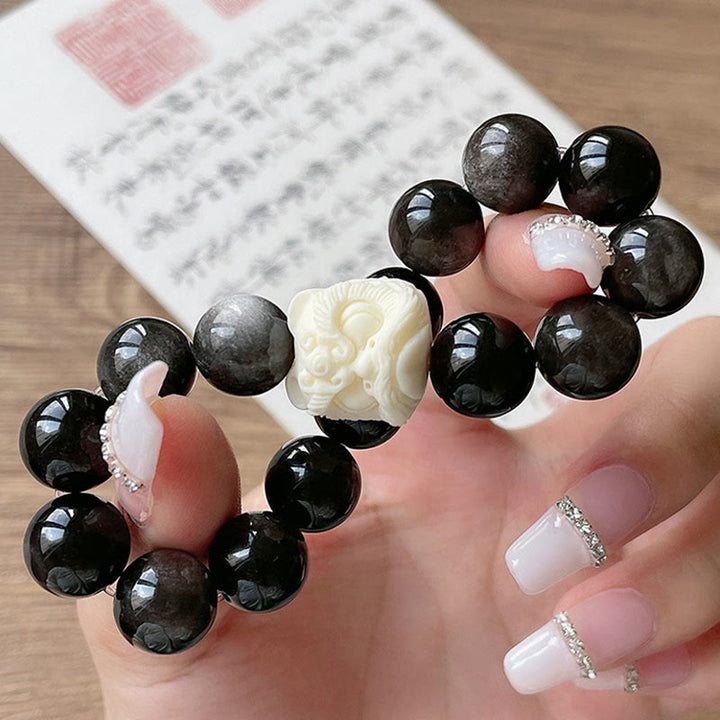 Bracelet de protection en obsidienne argentée et brillante de Buddha Stones , graine de Bodhi, ivoire, fruit, lion dansant