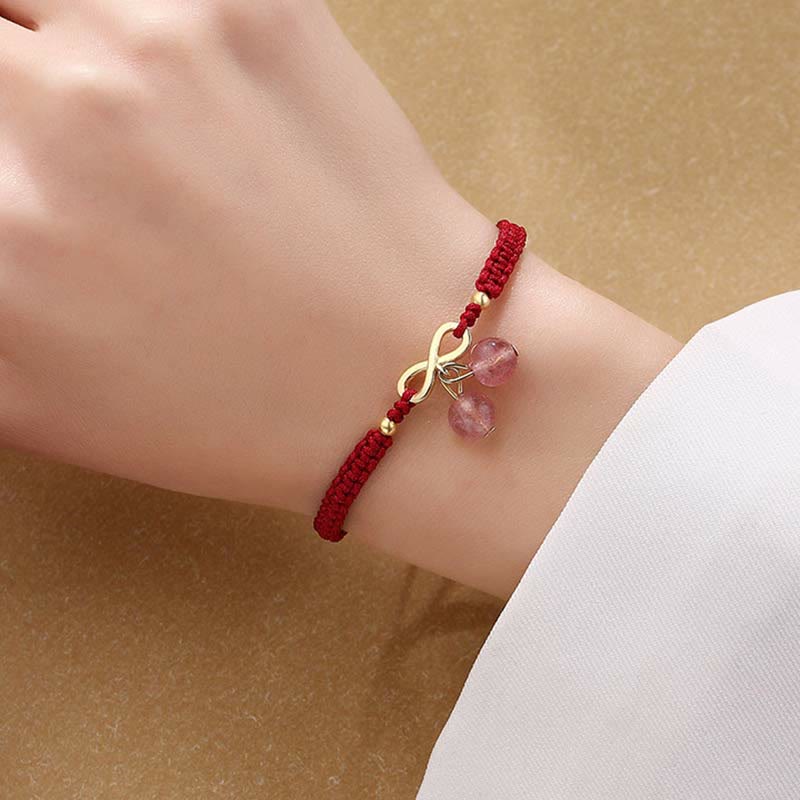 Bracelet tissé en fil rouge avec nœud sans fin en cristal de quartz fraise et Buddha Stones