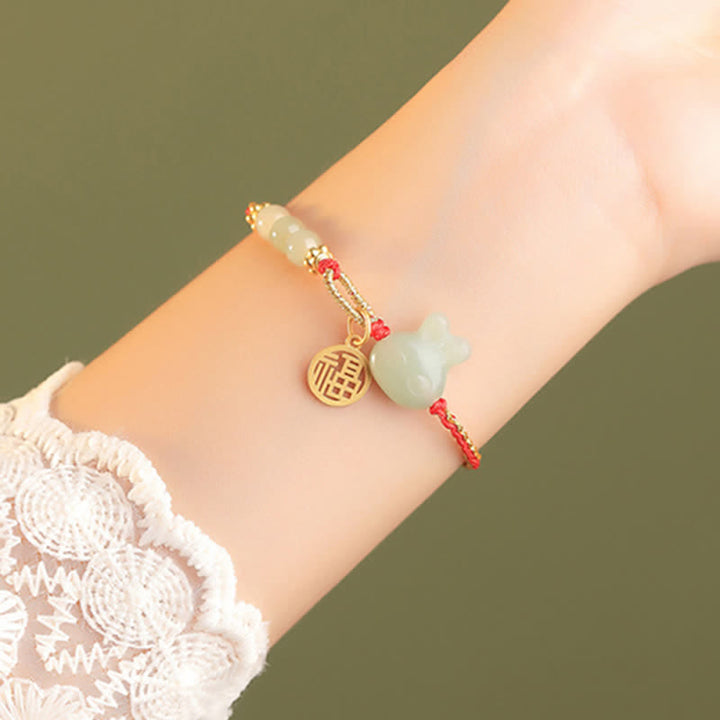 Bracelet en argent sterling 925 Buddha Stones et jade Hetian Année du lapin, porte-bonheur et cordon rouge