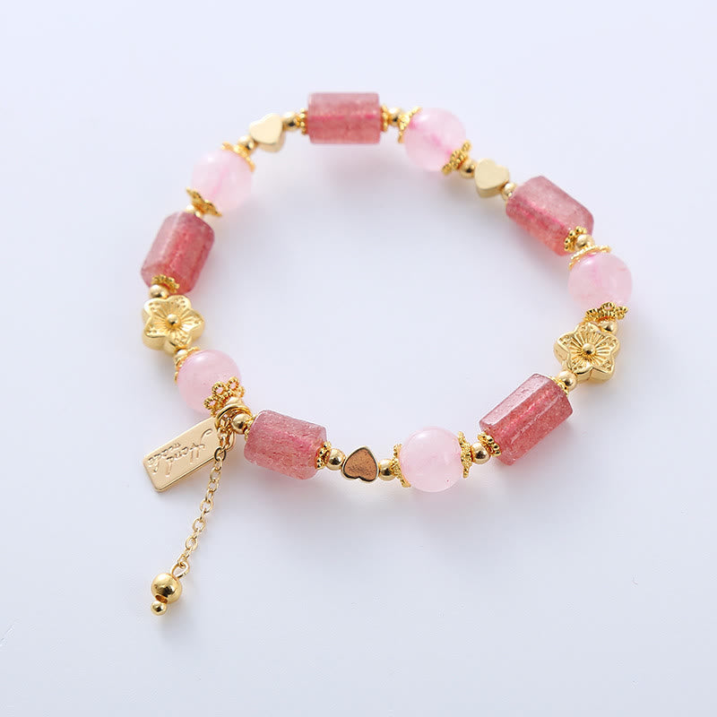 Bracelet positif en cristal rose avec quartz fraise et Buddha Stones, cœur et fleur