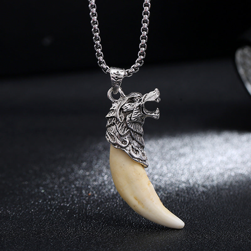 Buddha Stones Collier pendentif en acier titane Imitation dent de loup