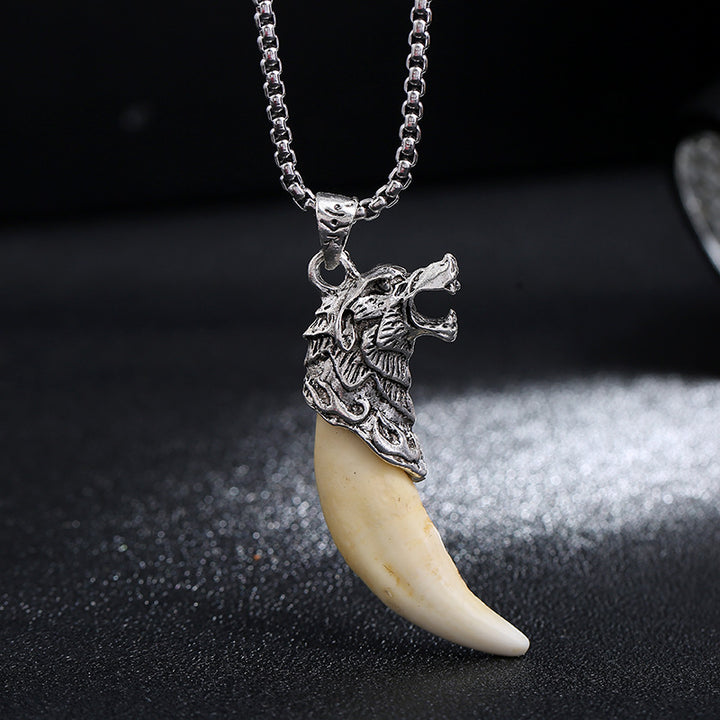 Buddha Stones Collier pendentif en acier titane Imitation dent de loup