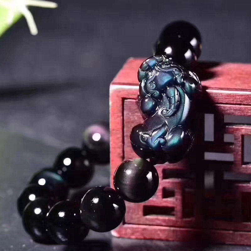Bracelet porte-bonheur FengShui PiXiu en obsidienne arc-en-ciel avec Buddha Stones