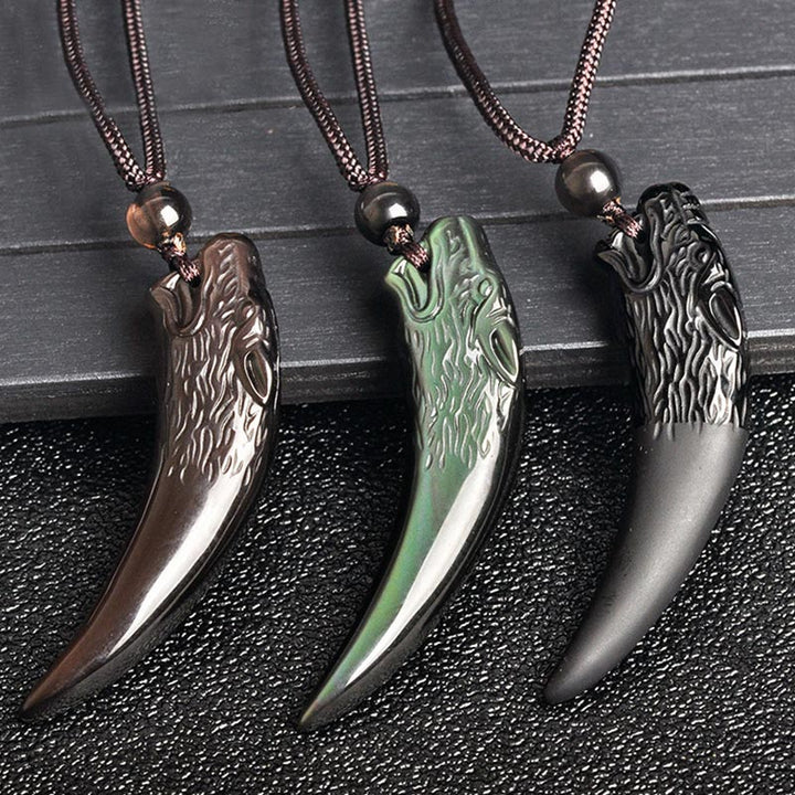Buddha Stones Obsidienne noire naturelle Obsidienne de glace Obsidienne arc-en-ciel Motif dent de loup Collier force Pendentif
