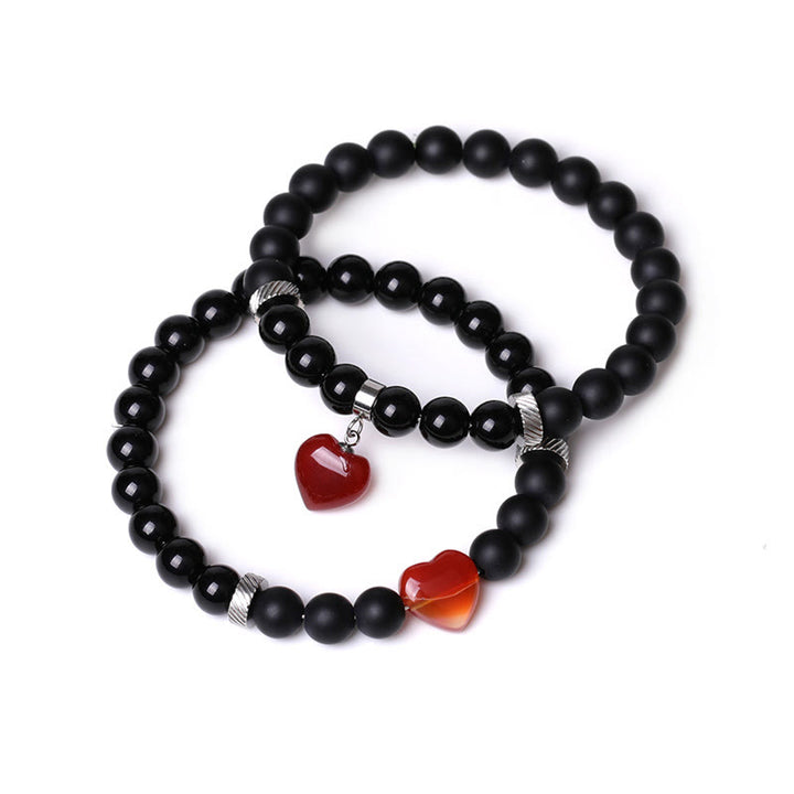 Bracelet de couple en pierre de cristal d'onyx noir Buddha Stones 2 pièces Protection du cœur d'amour