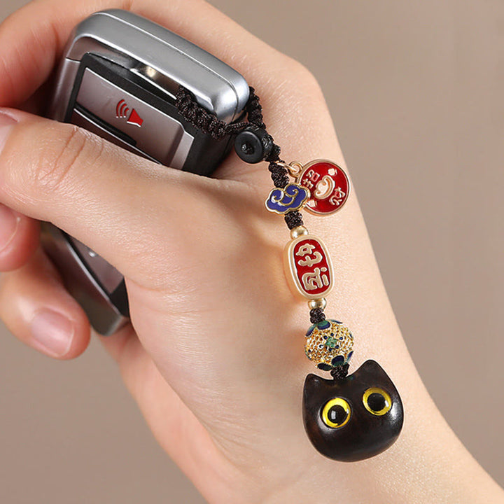 Porte-clés en bois d'ébène avec Buddha Stones, chat porte-bonheur, nuage de bon augure, paix, décoration à suspendre pour téléphone - image 6