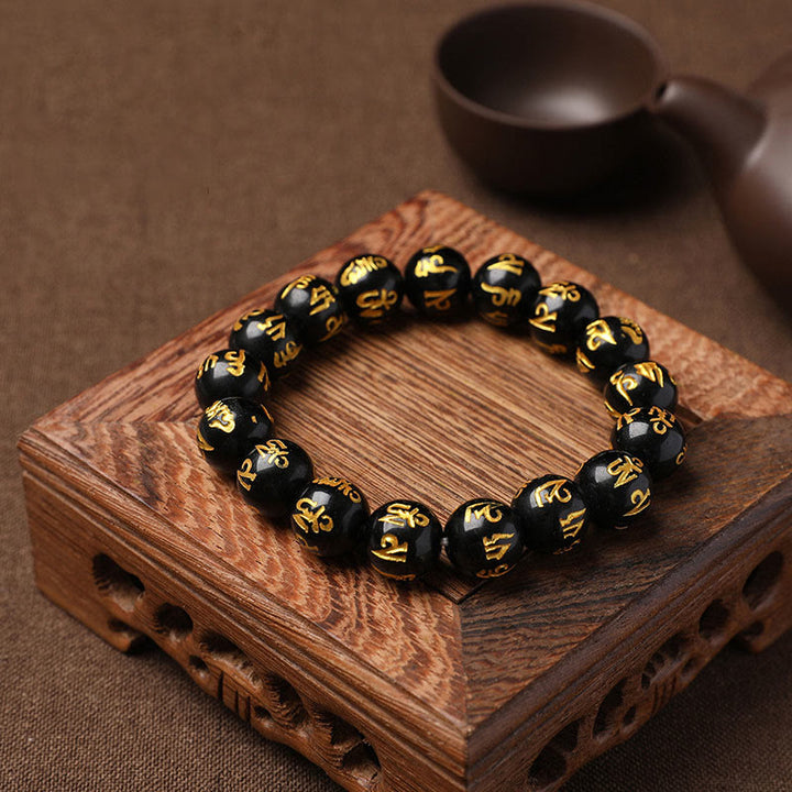 Bracelet de méditation en onyx noir et cristal blanc Buddha Stones du Tibet Om Mani Padme Hum