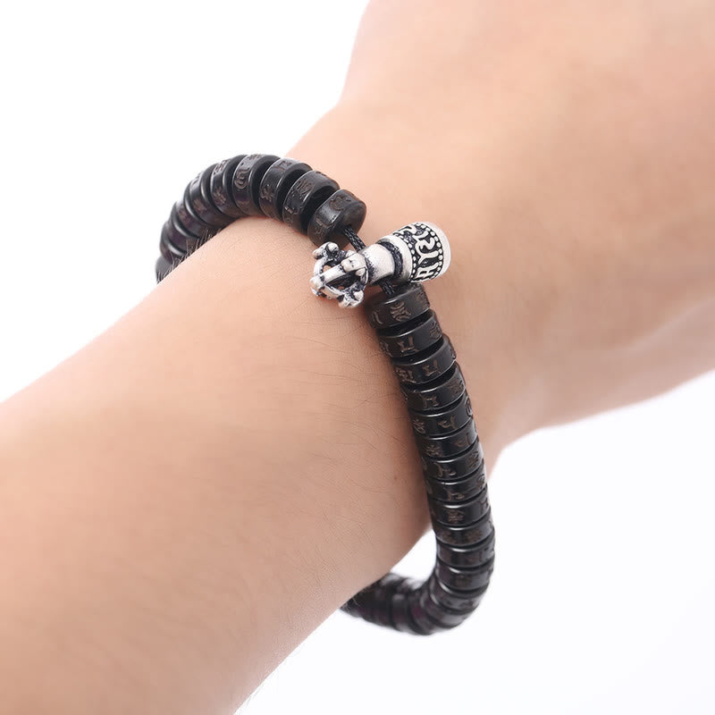 Bracelet en corde de bonheur sculpté en coquille de noix de coco du Tibet Buddha Stones Om Mani Padme Hum Dorje Vajra Bell