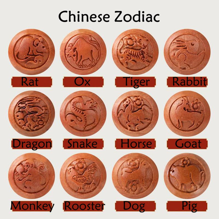 Bracelet de richesse en bois de pêche naturel Buddha Stones et caractère Fu du zodiaque chinois sculpté en cinabre