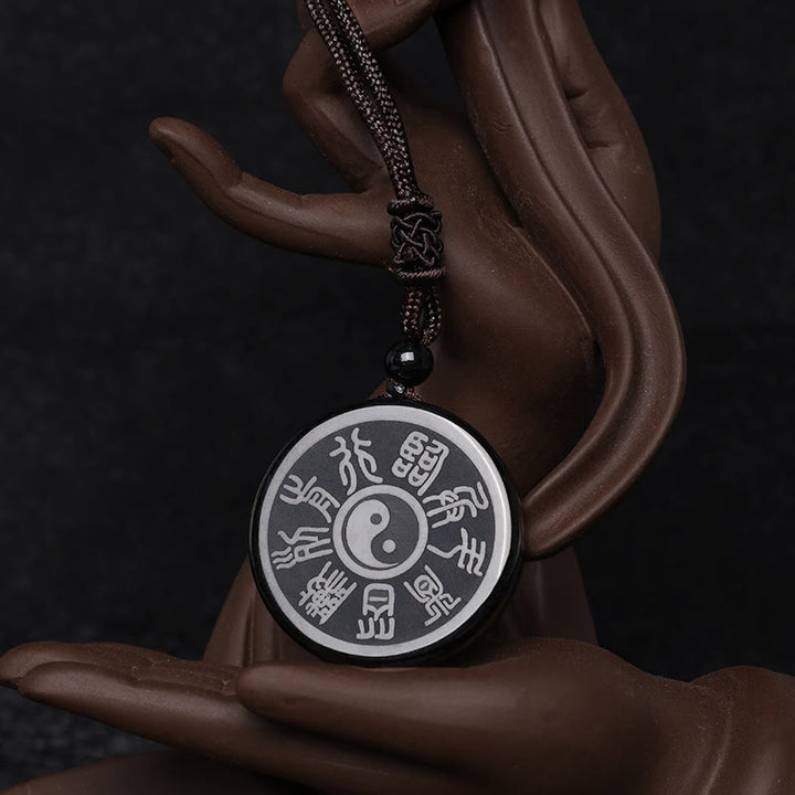 Collier pendentif Yin Yang sculpté en Buddha Stones en obsidienne noire, taoïsme, cinq montagnes sacrées, mantra à neuf caractères, purification - Mantra taoïste à neuf caractères et Yin Yang - image 9
