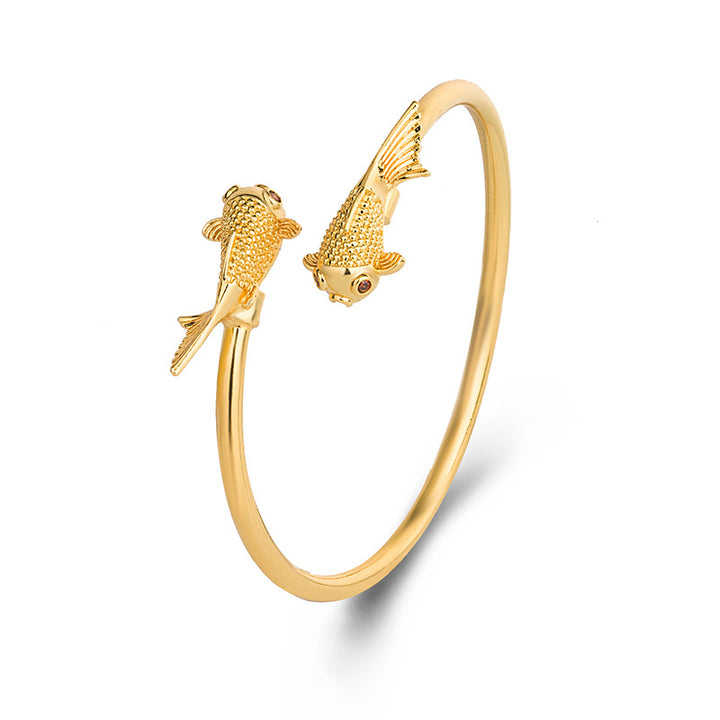 Bracelet de prospérité et de richesse en cuivre avec double poisson Koi et Buddha Stones