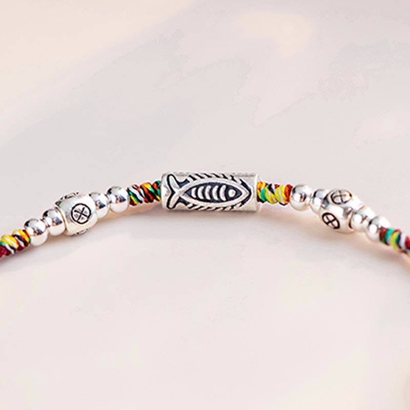 Bracelet de cheville tressé en argent sterling 925 avec poisson Koi et pierres de Buddha Stones