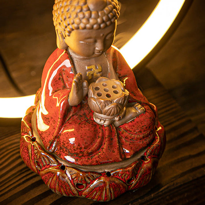 Buddha Stones Bouddha Lotus Fontaine à fumée à refoulement Brûleur d'encens de bénédiction en céramique avec décoration lumineuse