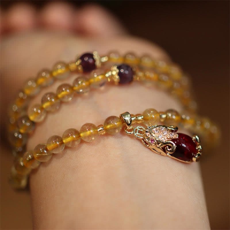 Bracelet de protection du bonheur et de la prospérité PiXiu en Buddha Stones Citrine Améthyste