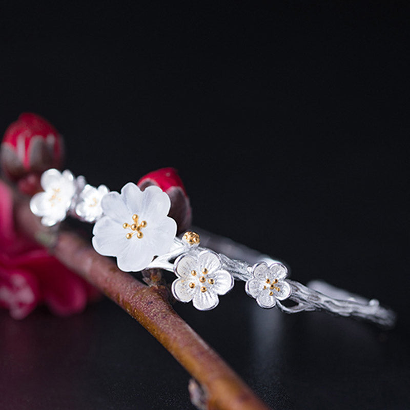 Bracelet réglable en argent sterling 925 Buddha Stones et fleur de prunier