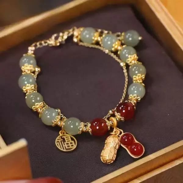 Bracelet de perles porte-bonheur en Buddha Stones, feuille de jade, ginkgo, tulipe, arachide, personnage Fu
