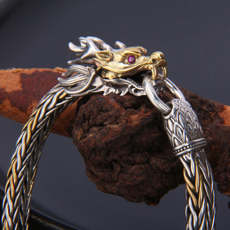 Bracelet tressé en métal de protection du dragon de bon augure en argent sterling 925 de Buddha Stones Année du Dragon