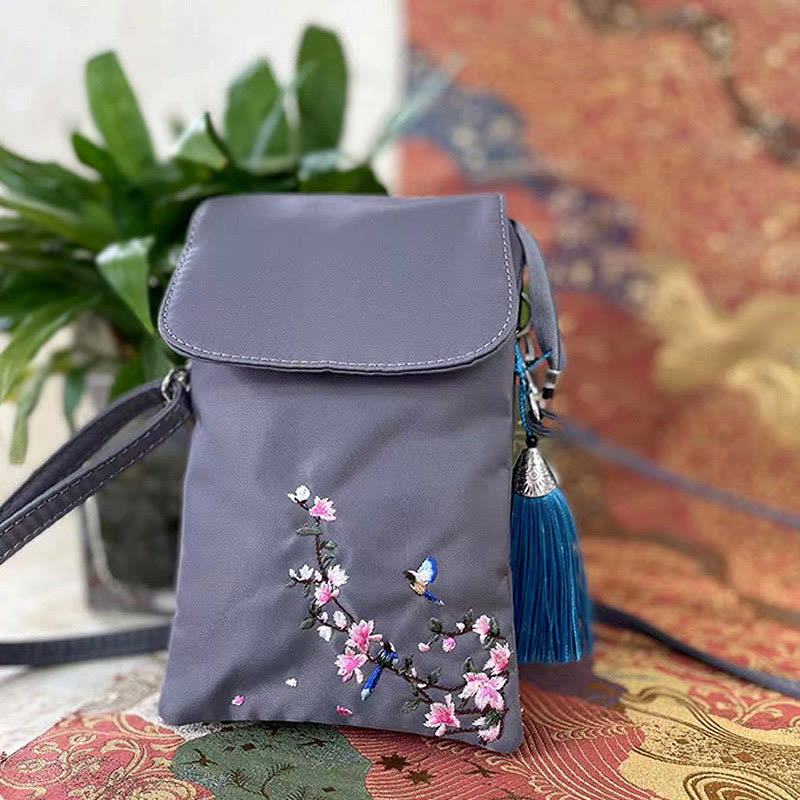 Sac à bandoulière en Buddha Stones imperméable brodé à la main avec fleurs de lotus - Oiseau-fleur gris - image 8