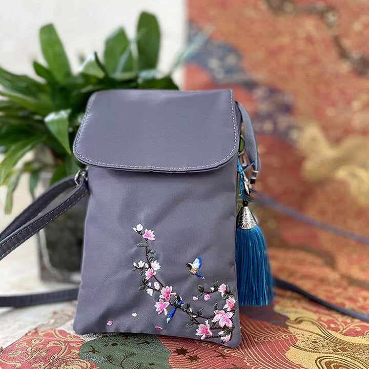 Sac à bandoulière en Buddha Stones imperméable brodé à la main avec fleurs de lotus - Oiseau-fleur gris - image 8