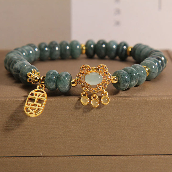 Bracelet en Buddha Stones en jade naturel avec breloque en forme de cadenas chinois, paix, chance et abondance