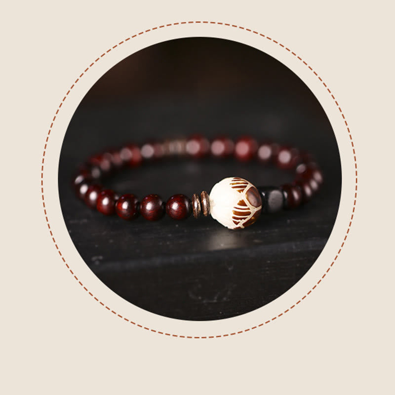 Bracelet double tour sculpté en Buddha Stones, petite feuille, bois de santal rouge, lotus, graine de Bodhi, protection