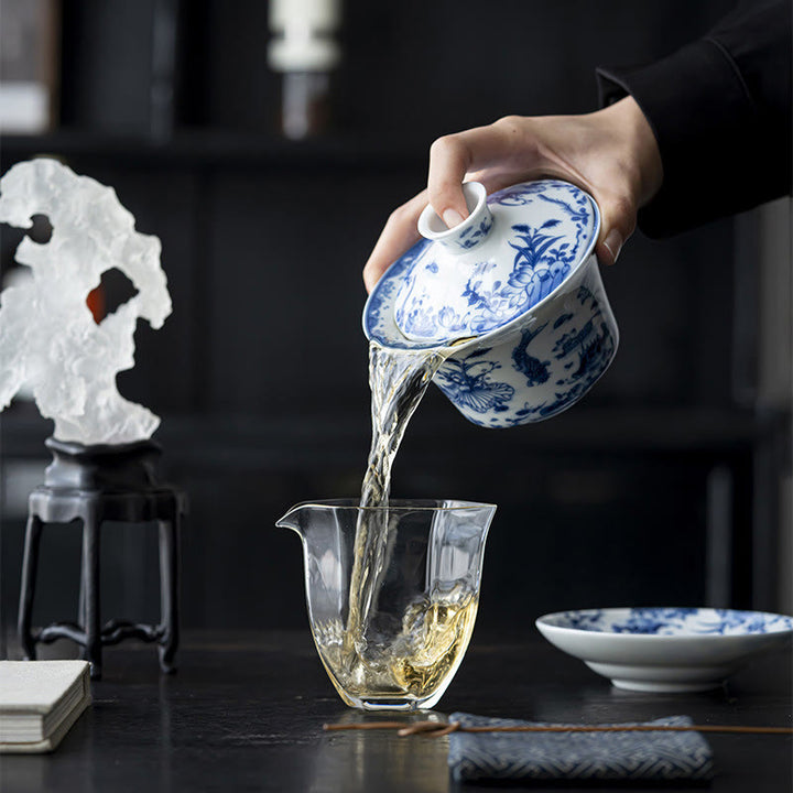Buddha Stones Porcelaine Bleue et Blanche Lotus Koi Poisson Danse du Lion Pastèque Céramique Gaiwan Sancai Tasse à Thé Kung Fu Tasse à Thé Et Soucoupe Avec Couvercle 300 ml