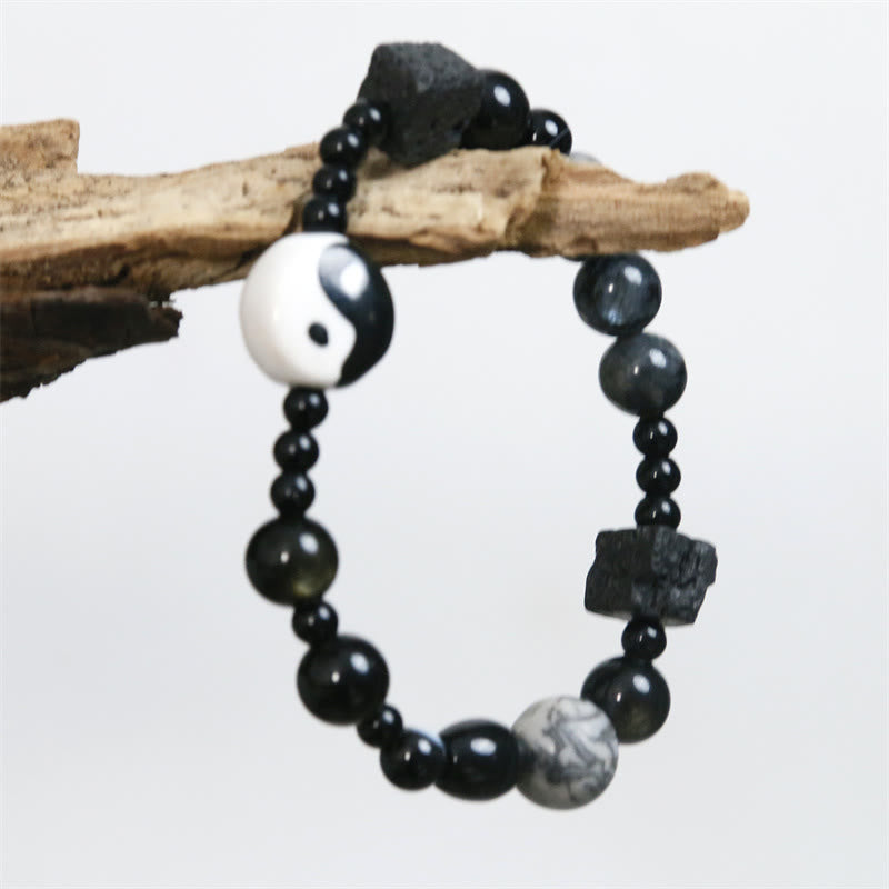 Bracelet de protection de la fortune Yin Yang en perles de jaspe Picasso et onyx noir Buddha Stones