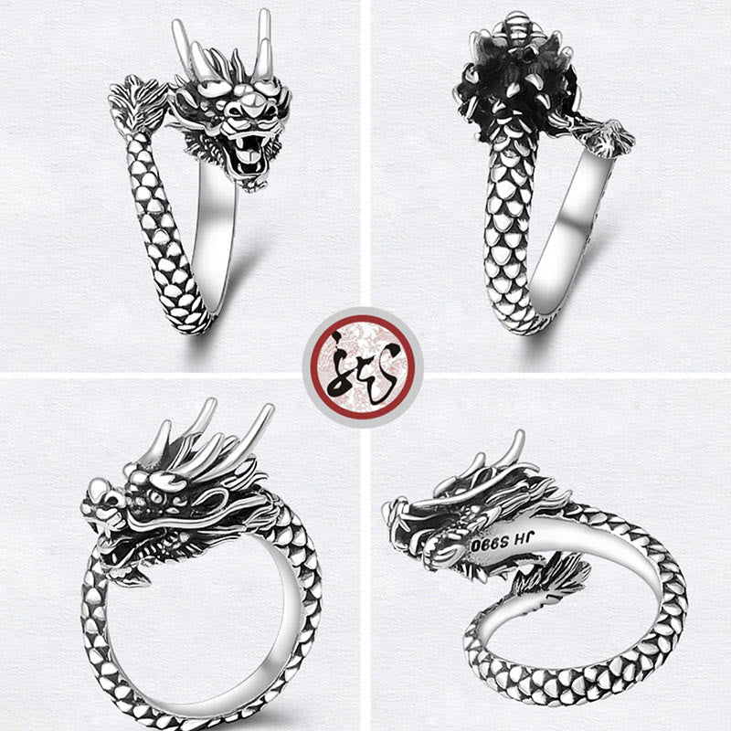 Bague ajustable en argent sterling 990 avec Buddha Stones et dragon vintage - image 9