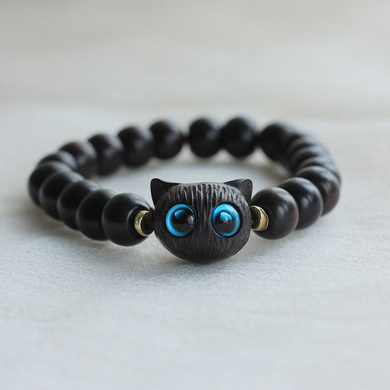 Bracelet de paix en forme de chat mignon en bois d'ébène et bois de santal vert Buddha Stones - Bois d'ébène (Équilibre ♥ Calme) - image 1