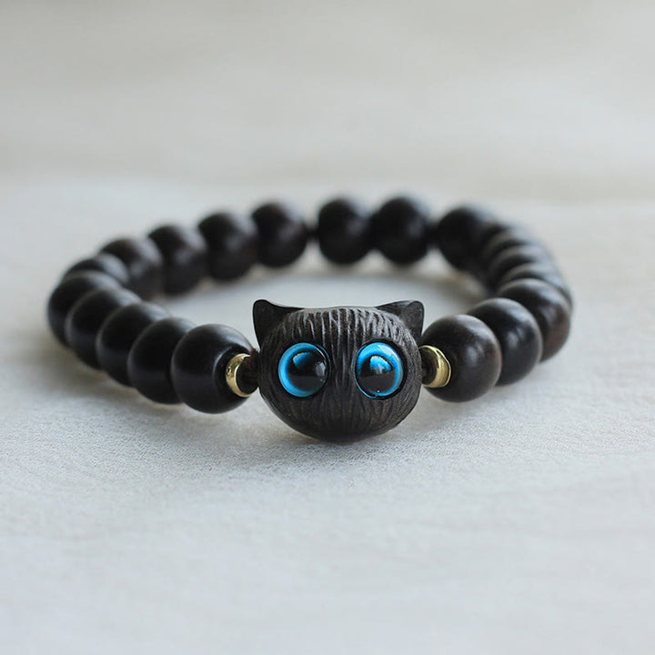 Bracelet de paix en forme de chat mignon en bois d'ébène et bois de santal vert Buddha Stones - Bois d'ébène (Équilibre ♥ Calme) - image 1