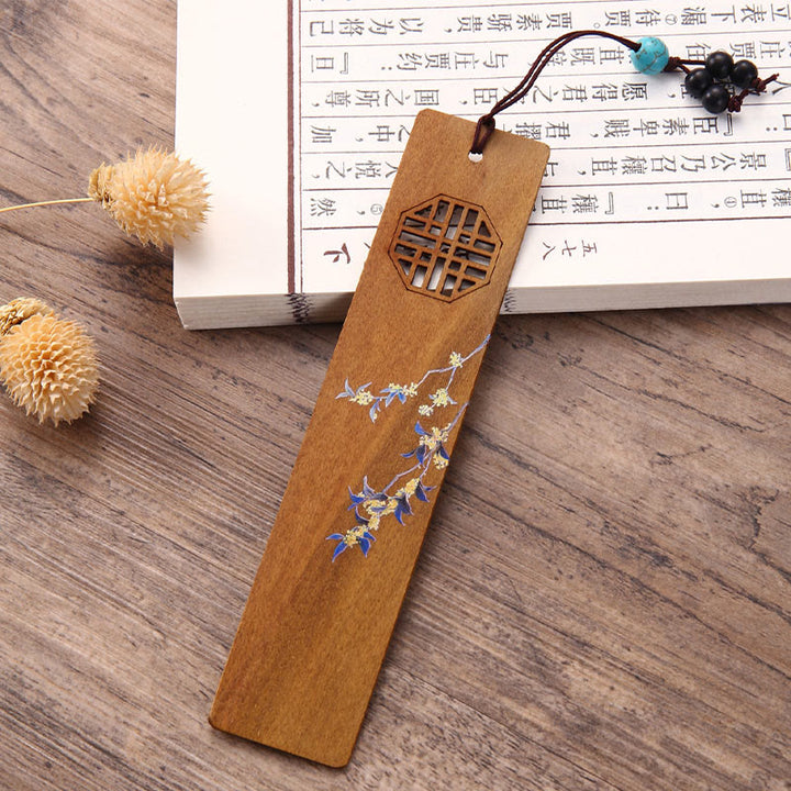 Lot de 4 marque-pages en bois avec Buddha Stones , orchidée, prunier, bambou, chrysanthème, masque d'opéra de Pékin, avec boîte cadeau
